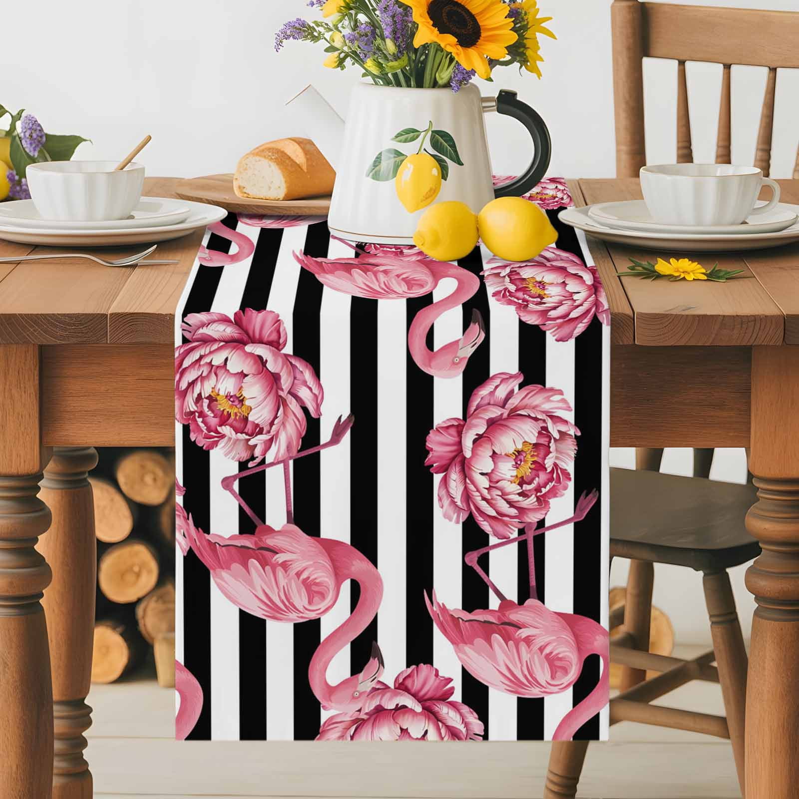 Tropical Pink Flamingo Flower Table Runner 90 Inches Long, White Black Modern Stripe Table Runners Tabletop Scarf Kitchen Dining Tables Decoration for Home Party Indoor Outdoor