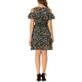 thumbnail image 3 of INSPIRE CHIC Women's Floral Printed Smocked Waist Ruffle Cold Shoulder Dress XL Black, 3 of 5