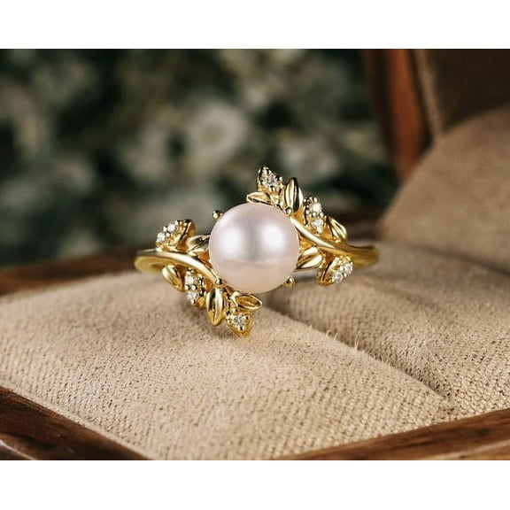 Vintage Water Pearl Engagement Ring 925Silver Moissanite Cluster Wedding Ring Natural Inspired Leaf Pearl Promise Ring For Women Ring Gifts.