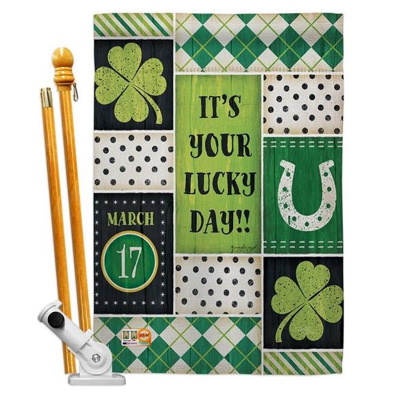 Breeze Decor BD-SA-HS-102056-IP-BO-D-US18-SB 28 x 40 in. Vertical St Patricks Lucky Day Spring Patrick Impressions Decorative Double Sided House Flag Set with Pole & Bracket Hardware