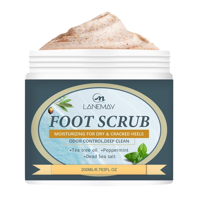 exfoliante corporal, exfoliante corporal, exfoliante de pies para exfoliar células muertas, suavizar y dejar fragancias, exfoliante facial corporal Envase blanco abierto de 100 g con etiqueta azul que muestra "FOOT SCRUB"; crema exfoliante beige con microgránulos visibles en la superficie, textura cremosa; diseñado para uso en pies y cuerpo y a menudo usado también para suavizar zonas ásperas como codos y rodillas.
