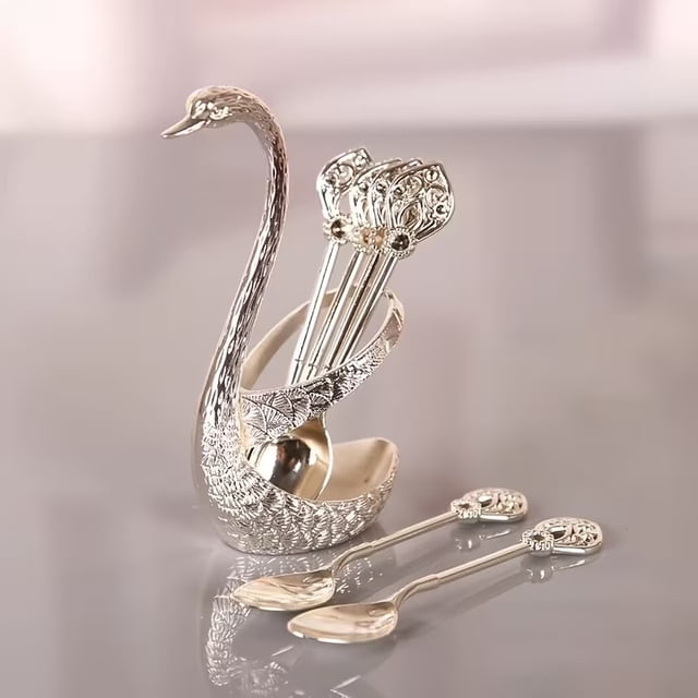 Juego de cucharas de café y postre, organizador de cucharas de dirección de cisne de metal con 6 cucharadas, cuchara de helado, cucharadita, vajilla de café y postre, 1 ud.
