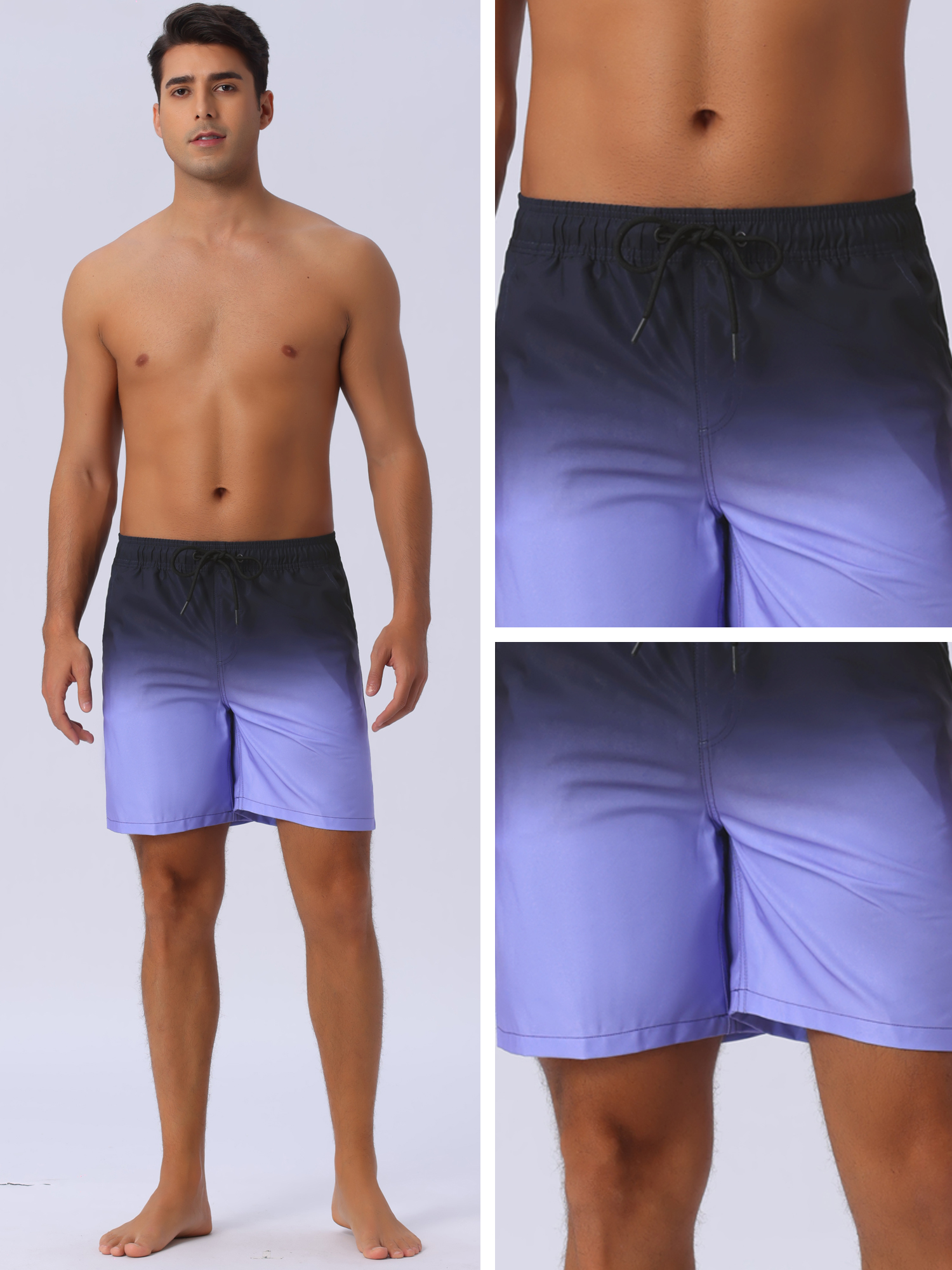DARING DIVA Men's Gradient Color Drawstring Elastic Waist Lining Swimming Trunks 36 Purple