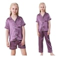 thumbnail image 4 of SILVERCELL 3Pcs Kids Girls Boys Satin Pajamas Set Silk Button-Down PJs Sets Soft Loungewear Short Sleeve Sleepwear, Size 5-14 Years, 4 of 8