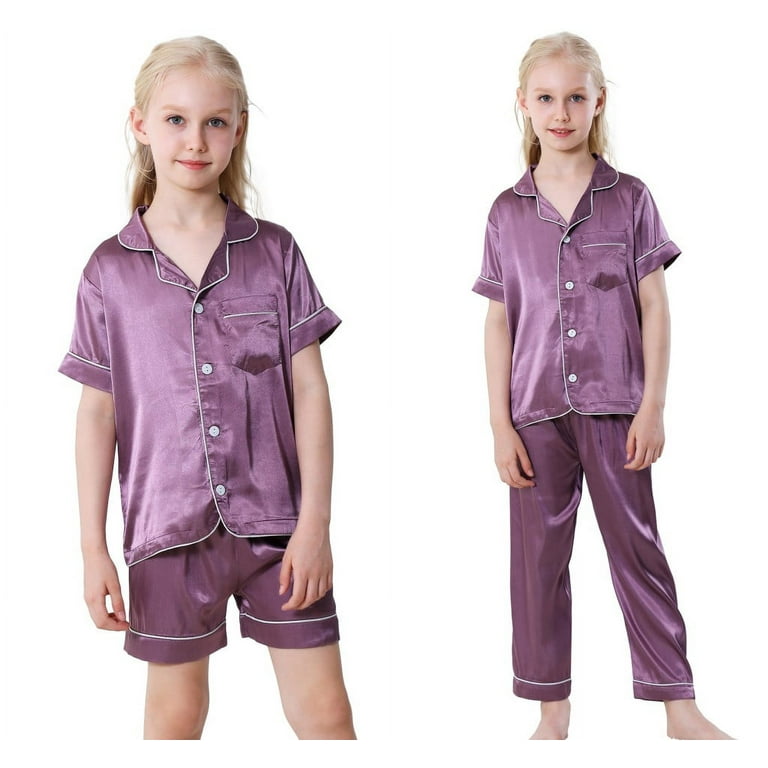 Schbbbta Girls & Women's Satin Pajama Set - Button-Down Short Sleeve Top & Shorts, Silky Sleepwear (Cat Purple)