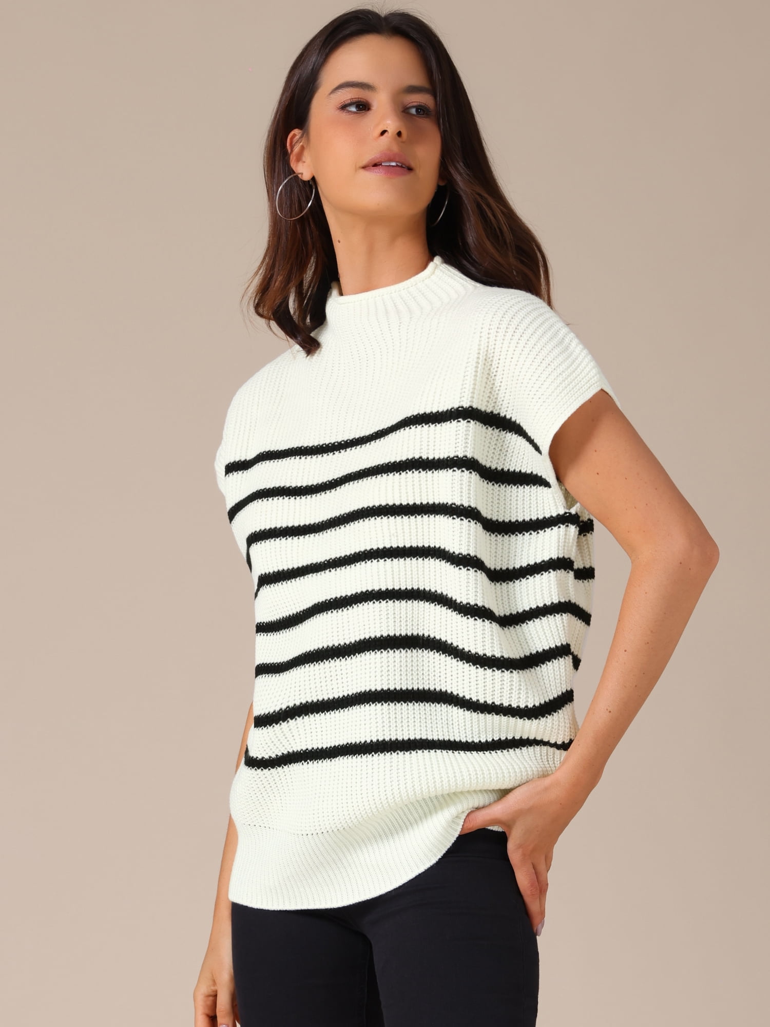 DARING DIVA Women's Mock Neck Striped Cap Sleeve Knit Tops L White