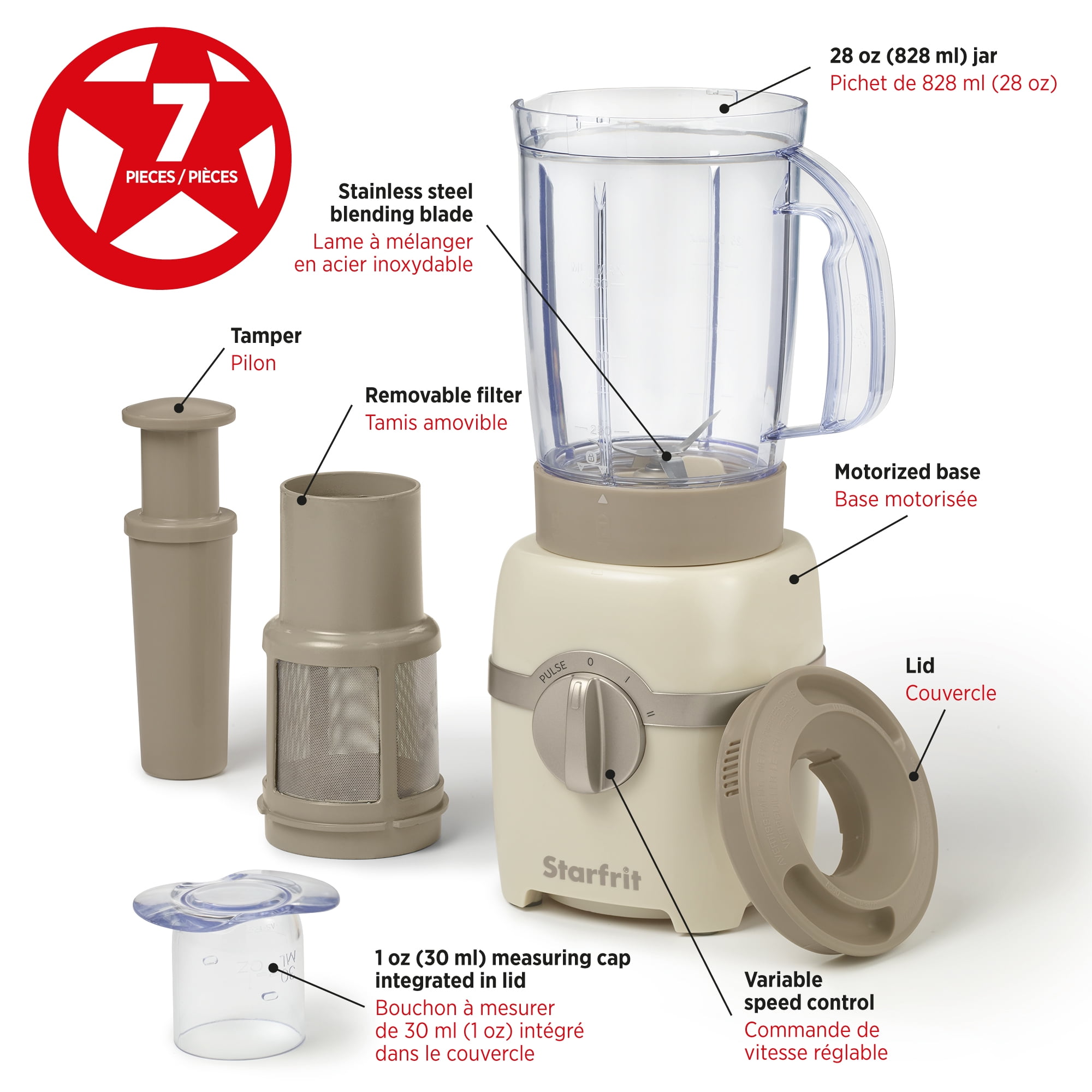 Starfrit Mélangeur de lait de noix et smoothie – Capacité de 828 ml – Lame en acier inoxydable – Filtre amovible – Capuchon de mesure – 300 Watts Mélangeur à lait de noix blender