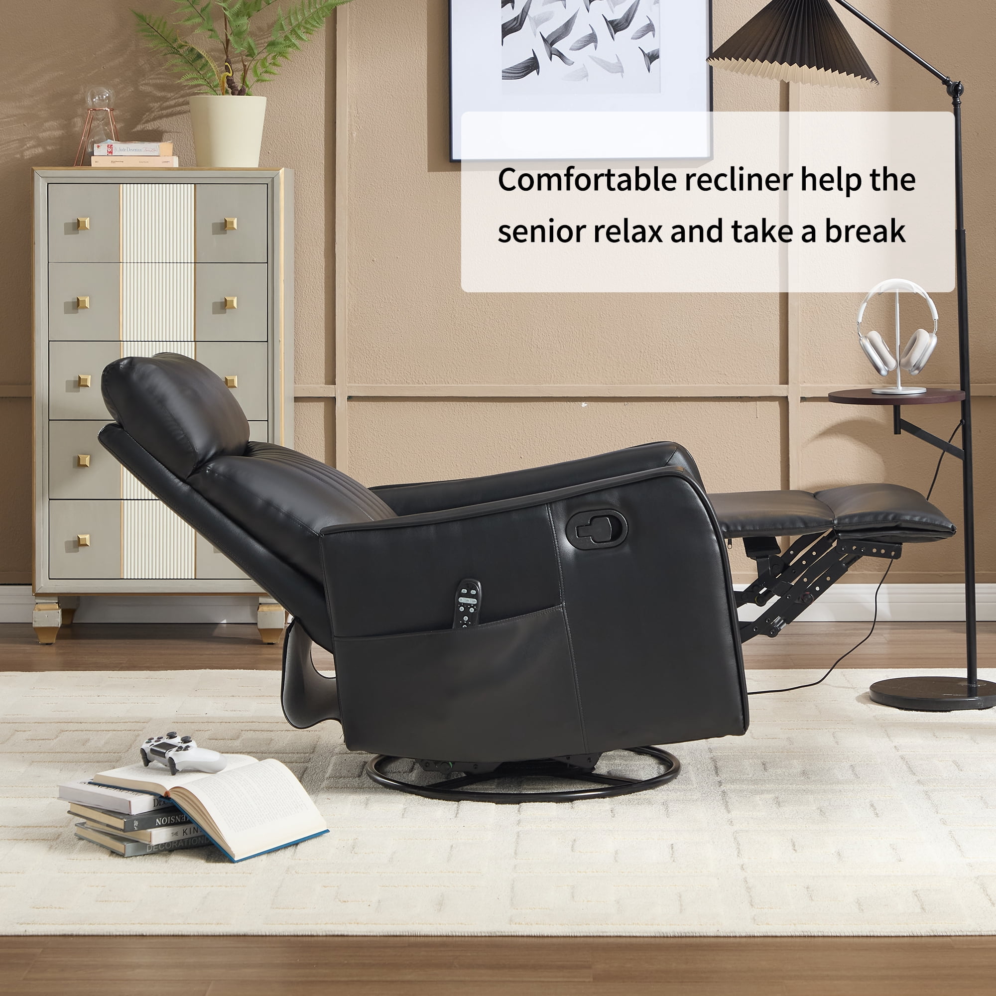 Manual Swivel Rocker Recliner Chair for Adults,Overstuffed Reclining Glider Chair with Vibration Massage & Heat,Upholstered Recliners with Side Pockets for Living Room,Black PU