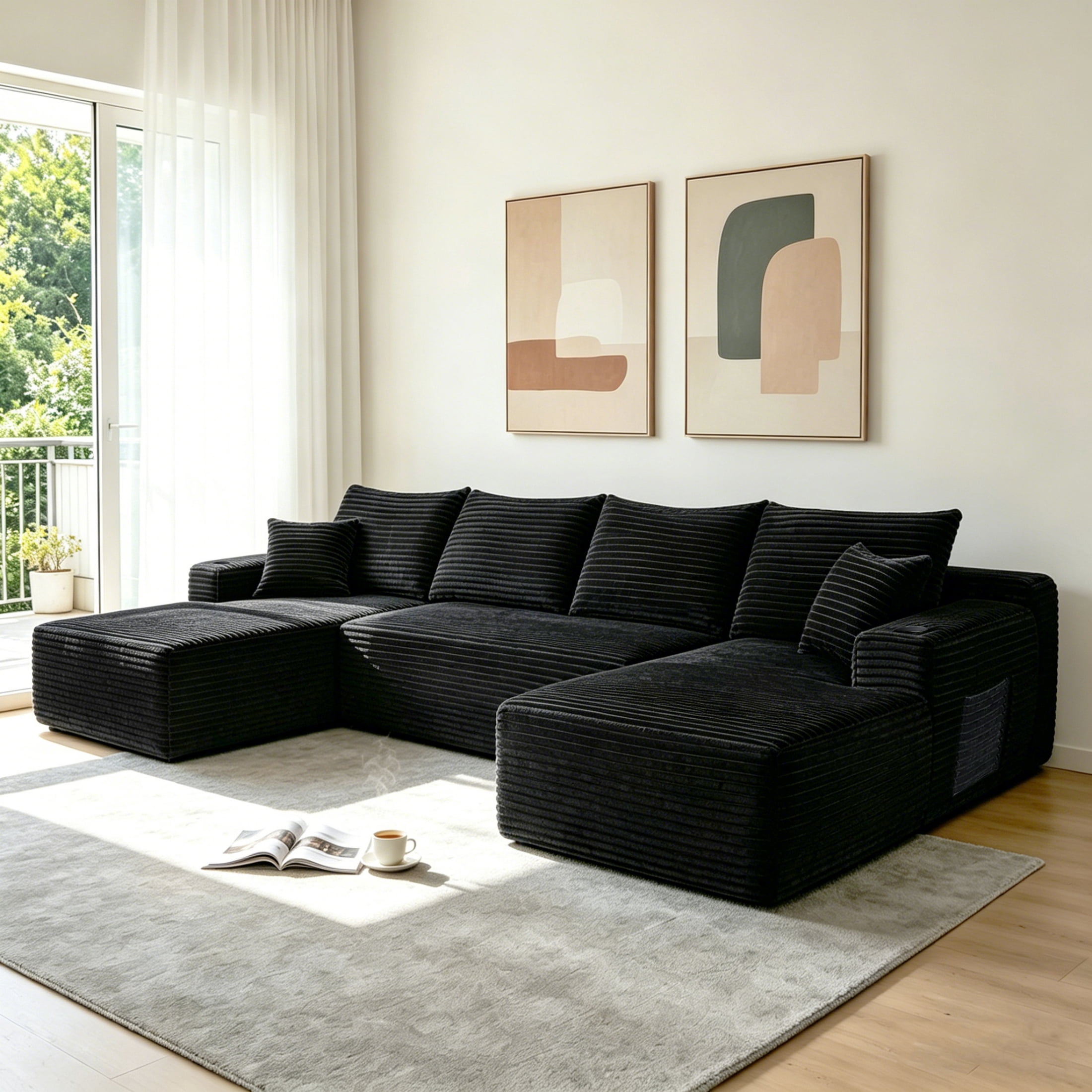 ShiKeyi 134" Modular U-Shaped Cloud Sofa, 5-Seater Corduroy Sectional Couch with Deep Seats Double Chaise & Soft Boneless Design, Black