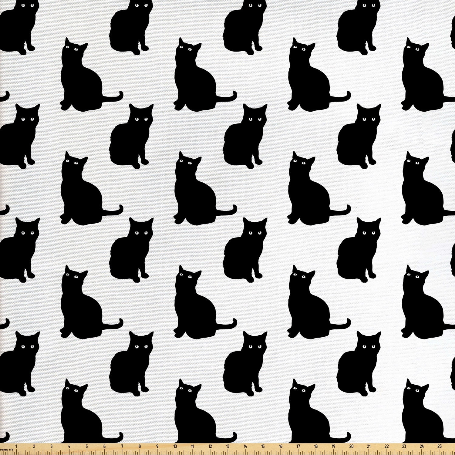 Cat Fabric by the Yard, Black Cat on White Backdrop Playful Friendly