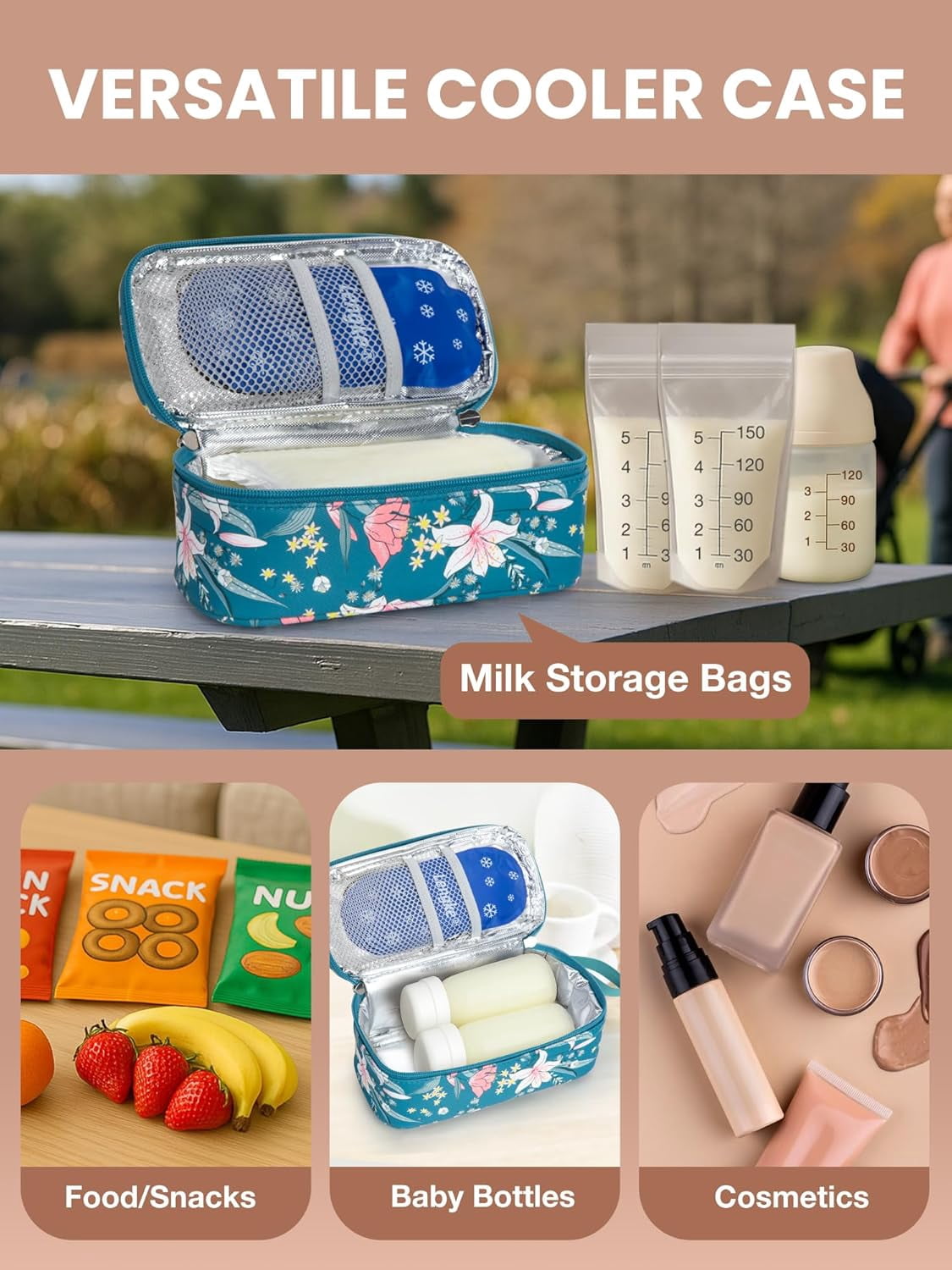 SUNMON Breast Milk Cooler Travel Bag, Real-Time Temperature Display, Holds 4-6 Breastmilk Storage Bag with 2 Breast Milk Ice Pack, Cooling & Waterproof Portable Cooler for Moms on The Go(Lily)