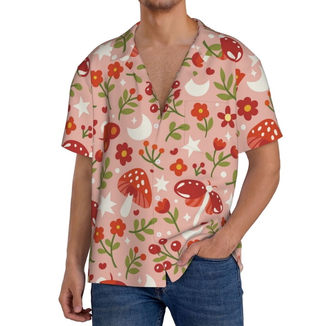 Fotbe Dragonfly Mushroom Camisa Estampada de Manga Corta para Hombre, Casual de Verano, Estilo Playero, Sin Arrugas-X-Large
