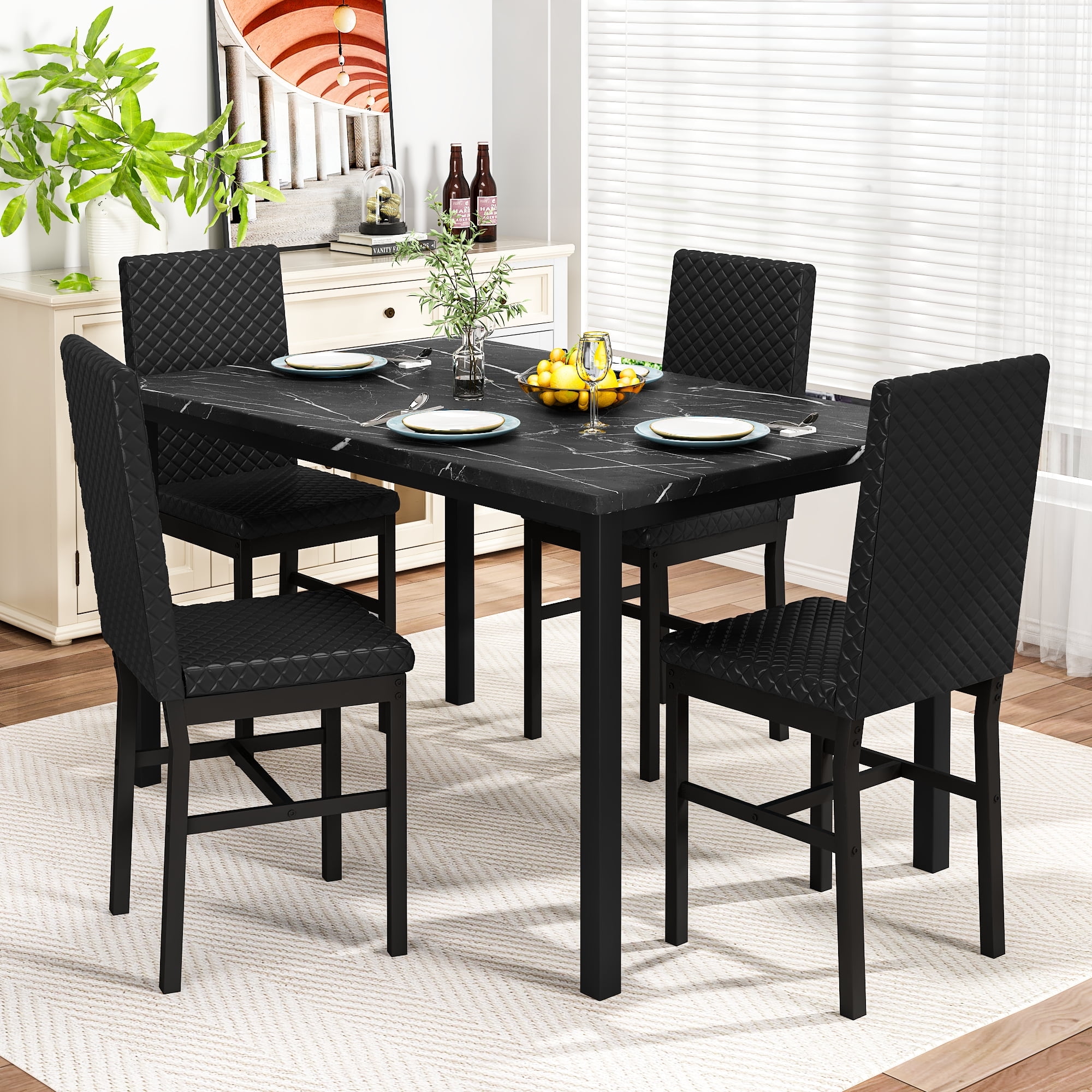Baxluxe Dining Table Set for 4, Modern 5 Piece Dining Table Set, Faux Marble Kitchen Table and 4 Velvet Upholstered Chairs for Apartments, Dining Rooms, Small Spaces, Black
