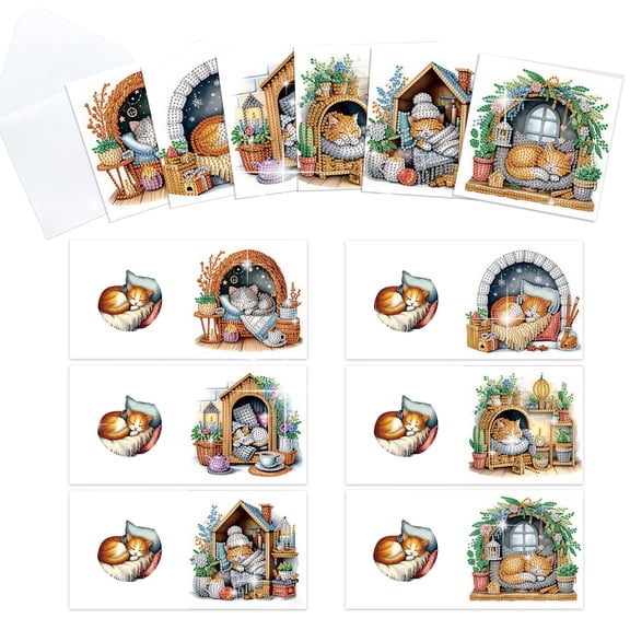 6pcs Diamond Painting Kit Greeting Card, Sleeping Cat 5D DIY Diamond Handmade Holiday Greeting Card with Envelope, Christmas Gift Congratulation