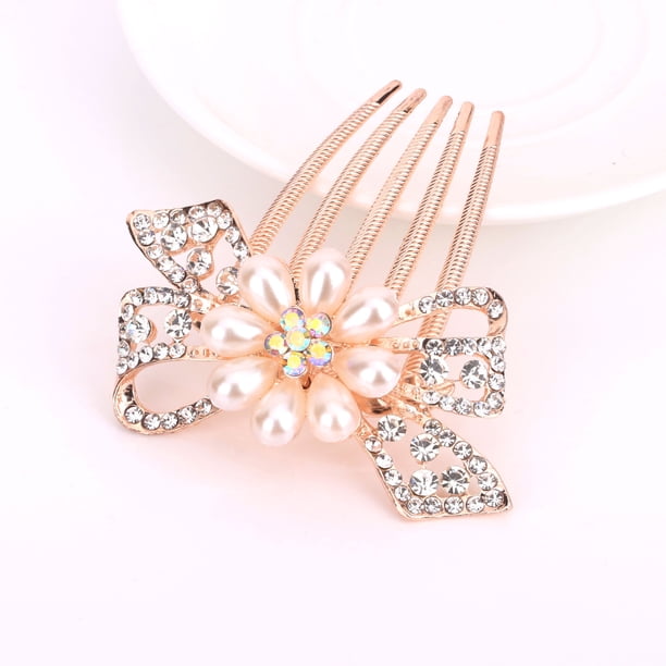 Peine vintage con cinco dientes de diamantes de imitación y flores, accesorio para el cabello, lazo, peineta de perlas, joyería, tocado de aleación, placa, horquilla