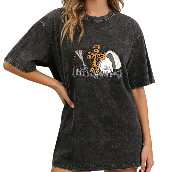 UNISHE Women's A Lot Can Happen In 3 Days Christian Leopard Cross Vintage Washed T-Shirt Short Sleeve Fashion Tee