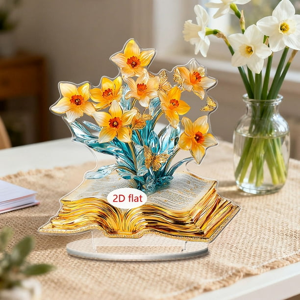 Adorno Acrílico de Flor con Forma de Libro | 20 Cm | Regalo Ideal para Lectores, Profesores y Amantes de La Jardinería