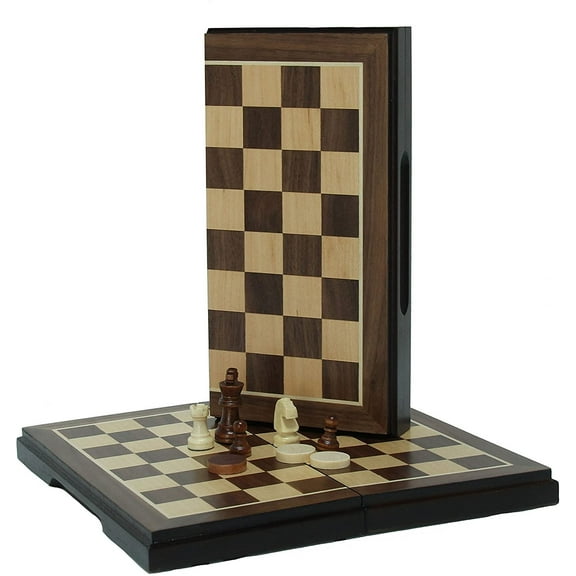 WE Games Magnetic Folding Chess & Checkers Set - Walnut Wood Finish - 8 in.