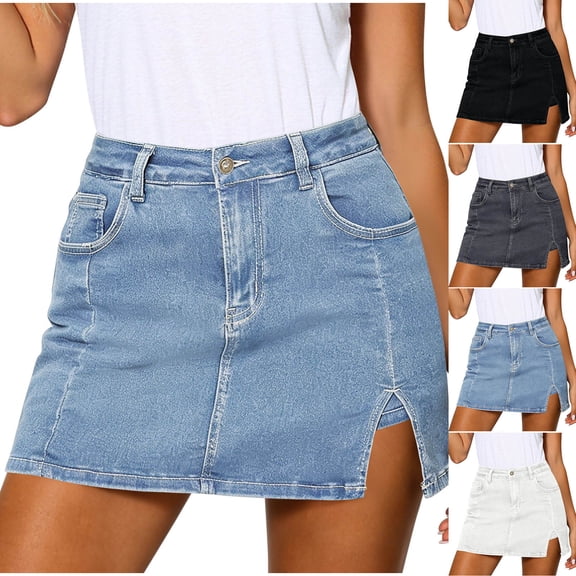 RYDCOT Skirts for Women Denim Mini Skirt Button Side Slit with Stretchy High Waisted Jean Skirts White