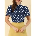 thumbnail image 5 of INSPIRE CHIC Women's Polka Dots Stand Collar Pleat Keyhole Back Short Flare Sleeve Top XL Navy Blue, 5 of 7