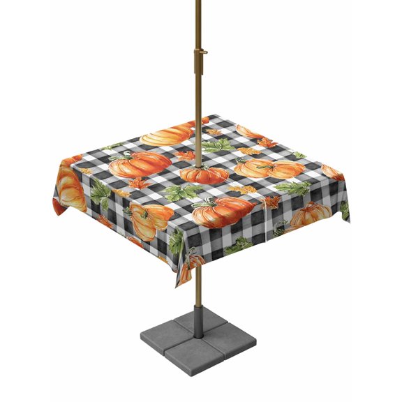 Outdoor Tablecloth with Umbrella Hole and Zipper, Thanksgiving Orange Pumpkin Square Table Cloth 54x54 Inch Waterproof Tablecloth, Fall Autumn Leaves Farmhouse Check Picnic Table Cover for Patio