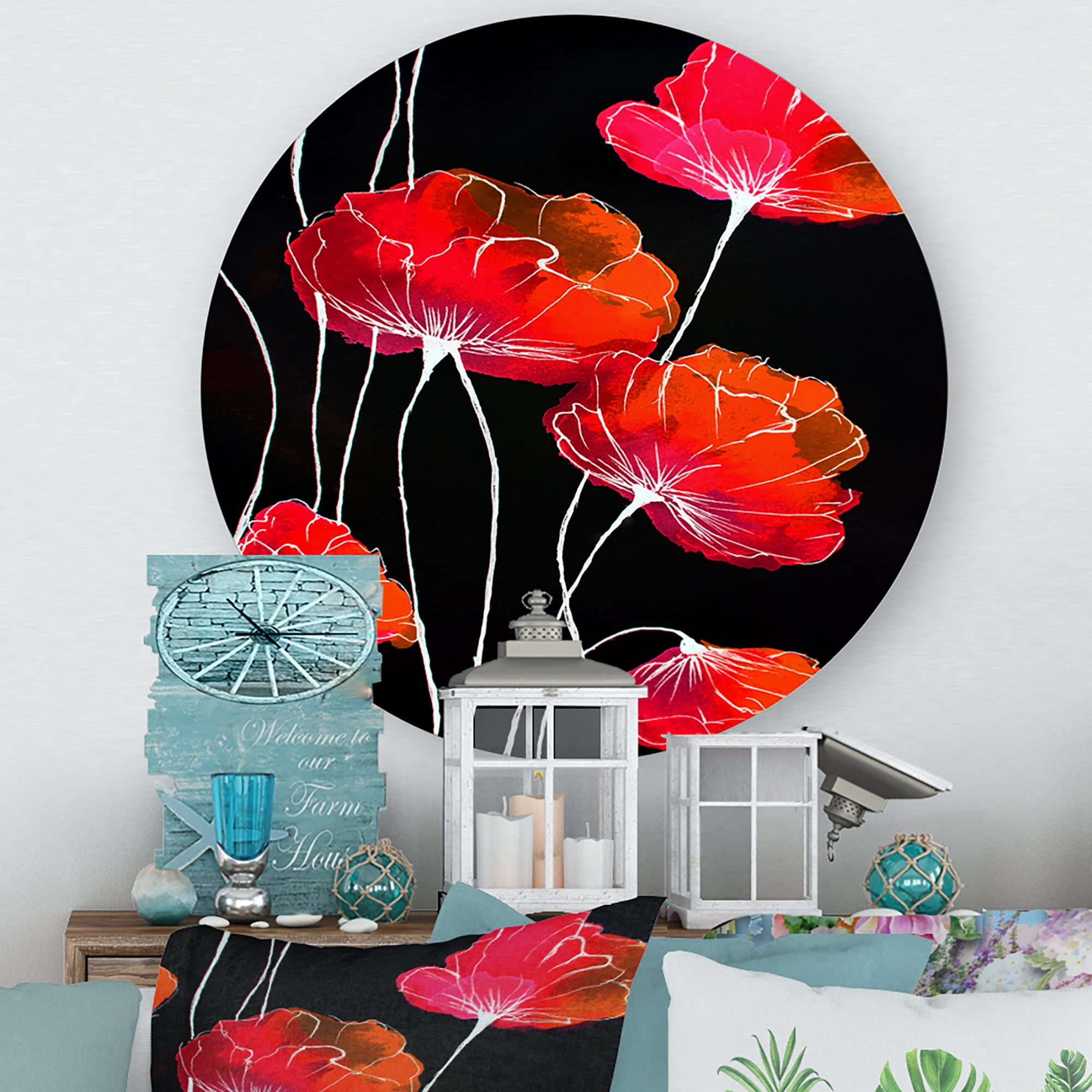 Designart 'Abstract Red Flower Detail On Black Background II' Traditional Circle Metal Wall Art 23x23 - Disc of 23