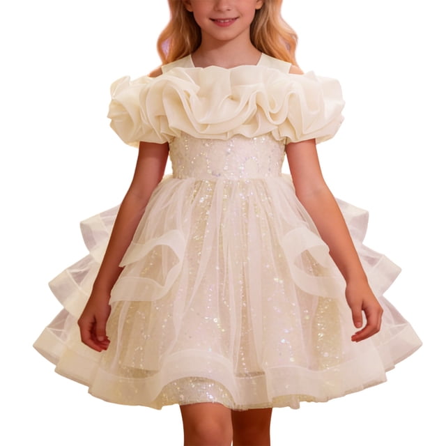 Rhuody Robe de Printemps pour Fille Sans Manches à Col Rond Robe d'Été Robe de Fête Robe Bouffante pour Concours Performance Récital Coupe Décontractée Combinaison Beige 2-3 Ans