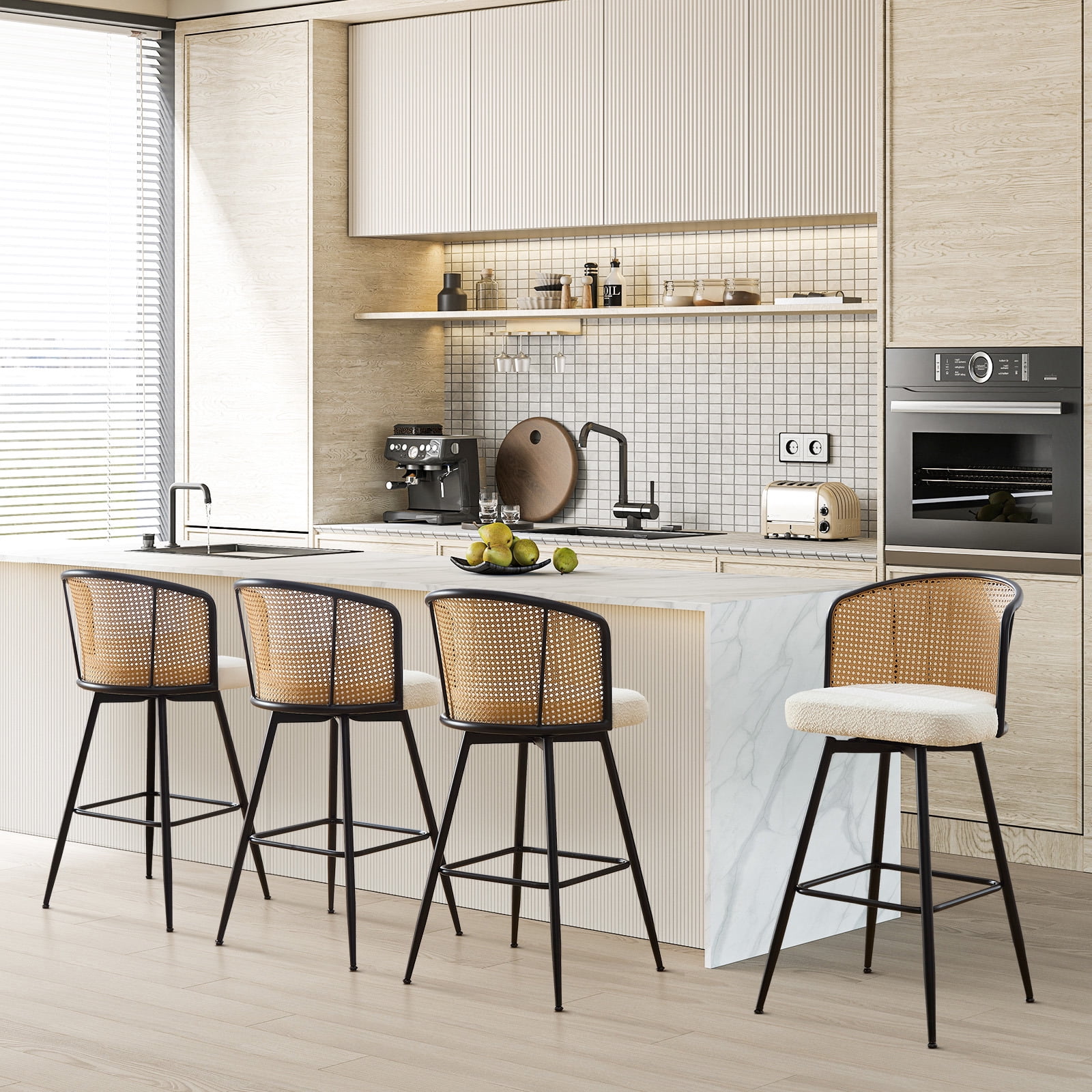Foreate Cane Swivel Barstools Set of 2, 29" Seat Counter Height w/ Rattan Mid-Back Metal Legs, Upholstered Boucle Fabric Modern Armless Bar Stools Chairs for Kitchen Island Pub