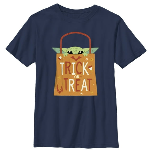 Boy's Star Wars: The Mandalorian Halloween Grogu Trick or Treat Bag  Graphic Tee Navy Blue Large