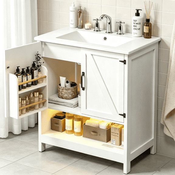 EVOKEDEN 30" Bathroom Vanity with Ceramic Sink & LED Light, Freestanding Storage Cabinet with Organizer, White