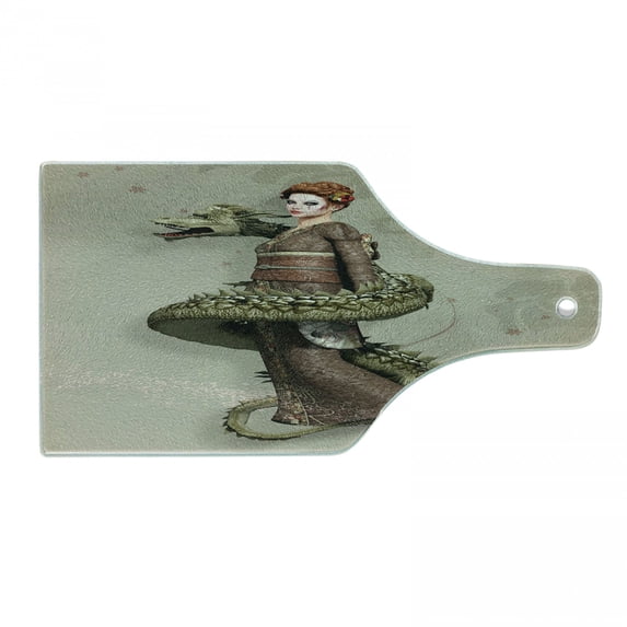 Fantasy Cutting Board, Westernly Geisha with Cry Make-Up Wrapped by Spiralling Dragon, Decorative Tempered Glass Cutting and Serving Board, Wine Bottle Shape, Olive Green Eggshell, by Ambesonne