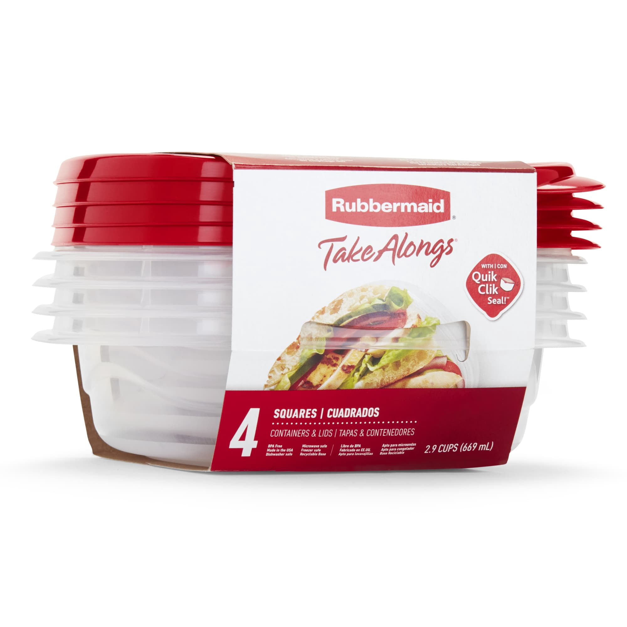 (4 pack) Rubbermaid TakeAlongs 2.9-Cup Square Food Storage Containers, 4-Pack, Red