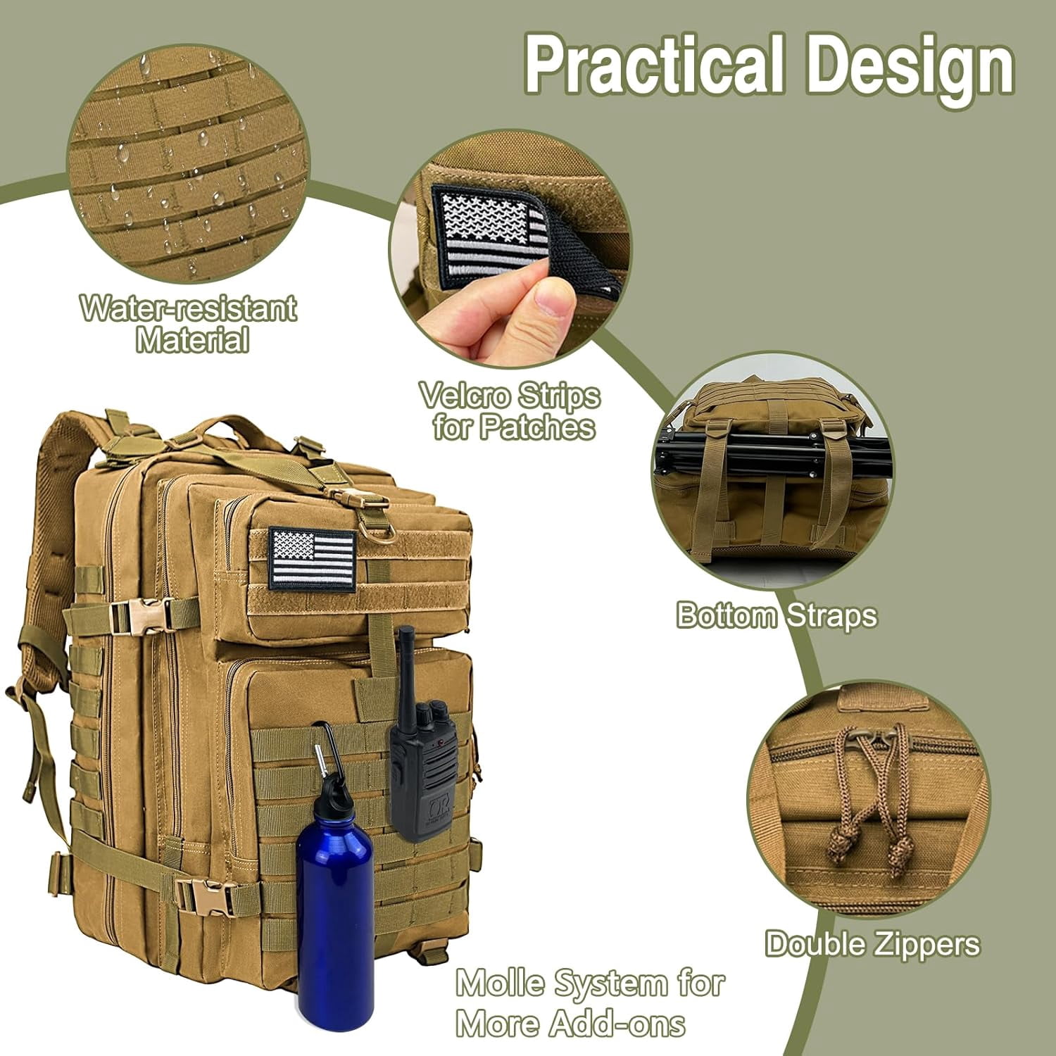 WOLT | 50L Camping Backpack--Large Multifunction Outdoor Molle Bag Backpacks Khaki