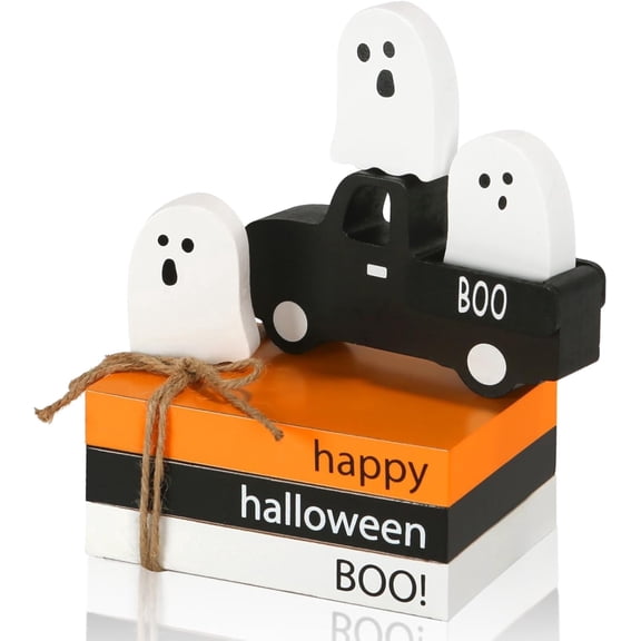 Seravin 7Pcs Halloween Tiered Tray Decor Set, Rustic Farmhouse Wooden Ghost Truck with Boo Faux Book Stack, Spooky Ghost Tabletop Decor for Mantel Shelf Office Desk Halloween Home Party