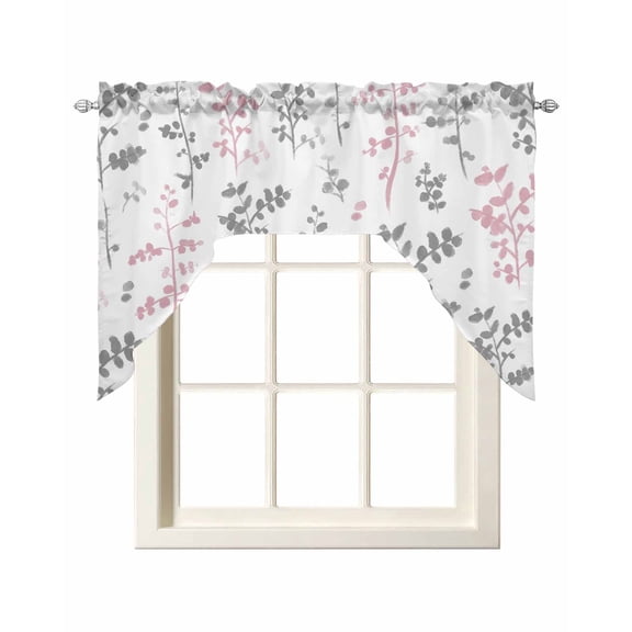 Pink Grey Botanical Swag Valances for Windows, Small Curtains Drapes, Watercolor Spring Floral Summer Leaf Kitchen Window Curtains Over Sink Window Treatment Valance for Bedroom/Bathroom 56"x36"
