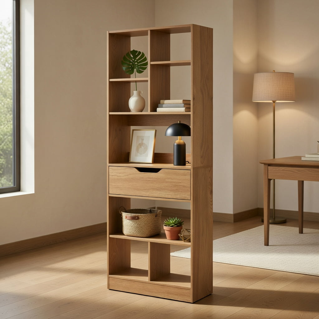 GVN 61inch Tall Freestanding Bookcase 8-Cube Storage Organizer with Drawer Multi-Use Open Shelves for Home Office Study Living Room Books Decor Display, Natural