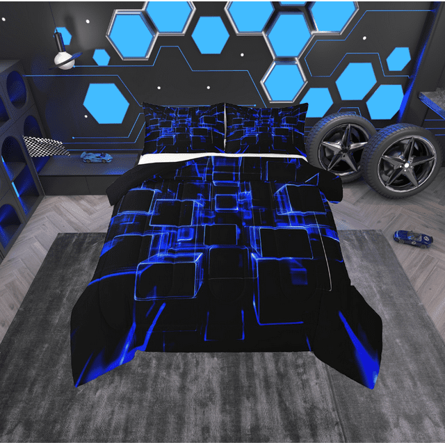 Erosebridal Futuristic Cubes Bedding Sets Full with Comforter,Neon Blue Duvet Insert,Microfiber Reversible Comforter Sets Full Size,Geometric Room Decorative,3-Piece