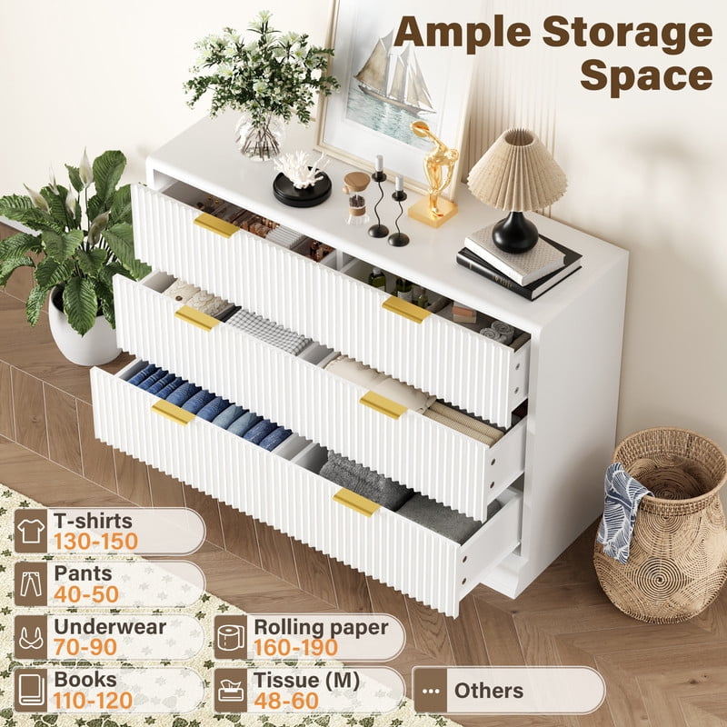 Lacoo 6 Drawer Fluted Dresser, Modern Ribbed Chest of Drawers with Gold Handles, Large Storage Dresser TV Stand for 50" TV