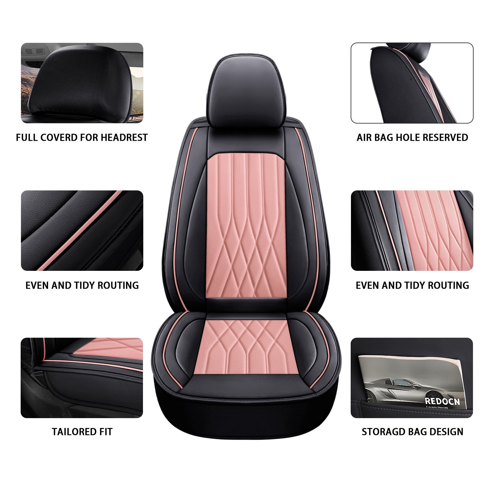 OTOEZ Universal Pink Car Seat Cover PU Leather 5-Seat Full Set Waterproof Front & Rear Cushion Protector Fit Most Honda Toyota Chevy Ford Nissan SUV