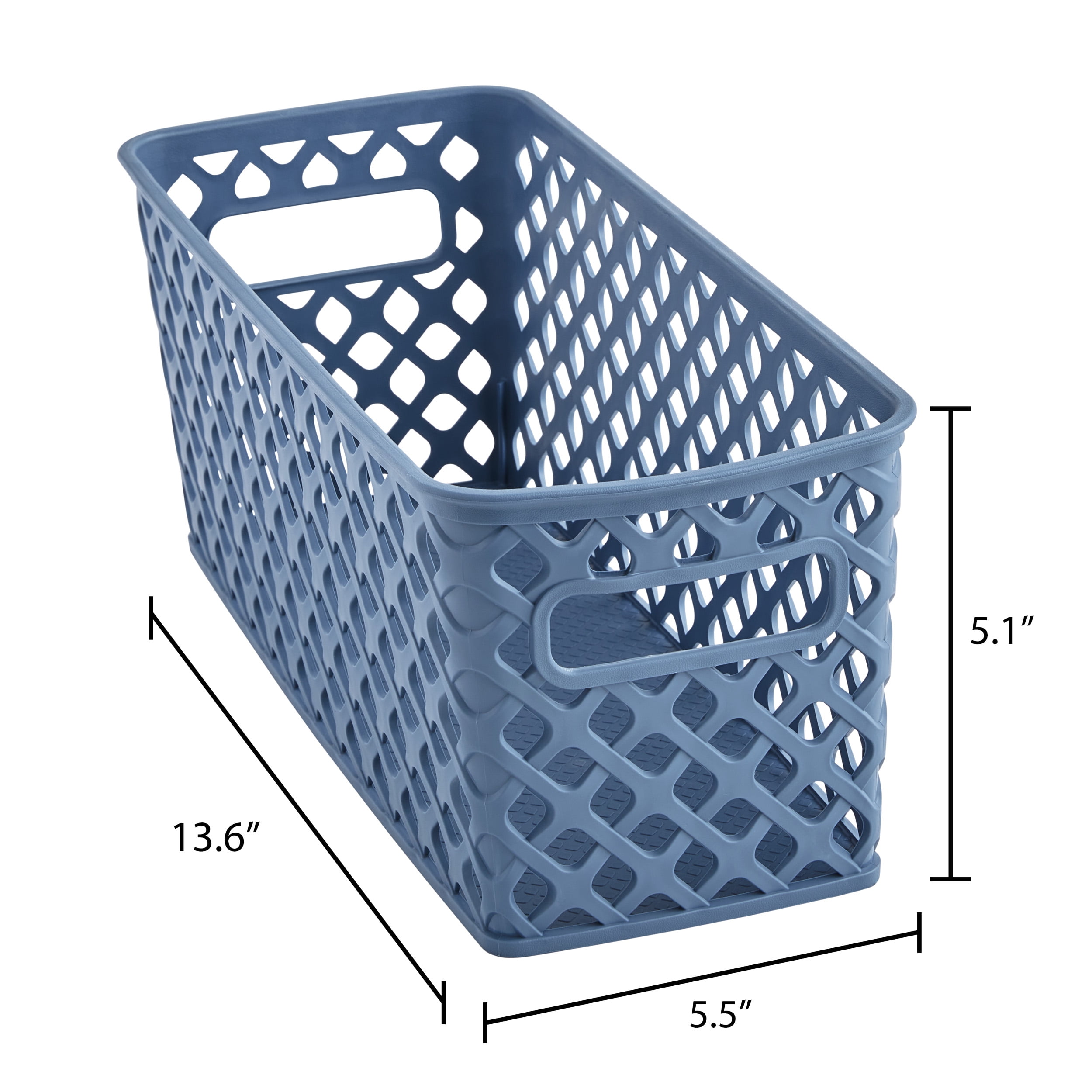 (4 pack) Mainstays Narrow Blue Decorative Plastic Storage Basket, 13.6 in x 5.5 in x 5.1 in