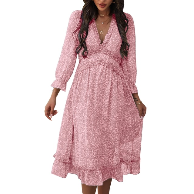 Innerwin Swing A-Line Robes Imprimé Floral Femmes Tunique Sundress Rue Double Couche Fluide Midi Robe Rose S