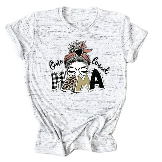 T-shirt Décontracté à Manches Courtes et Col Rond pour Femme avec Lettres « One Loved Mama »