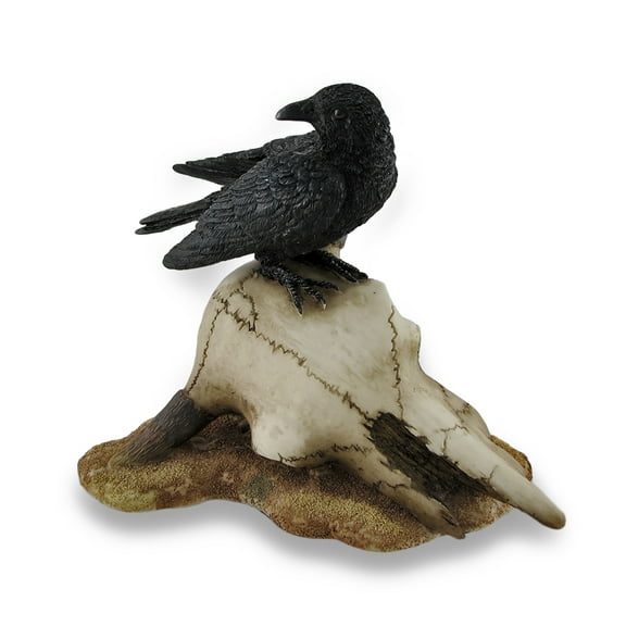 Veronese Design Black Crow Perched on Longhorn Skull Sculptural Figurine
