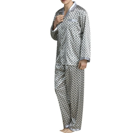 

Stain Silk Pajama Set for Mens Long Pjs Casual Button Down Lounge Set Casual Loose Home Daily Wear Sleepwear