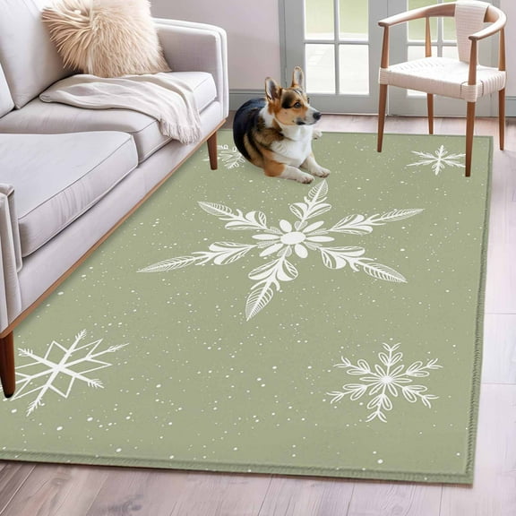 Sage Green Christmas Area Rug 3x5 Washable Rug Non Slip Xmas Snowflake Winter Large Area Rug Indoor Floor Carpet for Entryway Bedroom Kitchen Living Room Home Office Dining Room Nursery