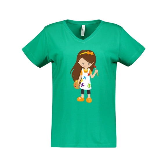 Inktastic Cute Girl, Brown Hair, Painter, Paint Artist Women's V-Neck T-Shirt