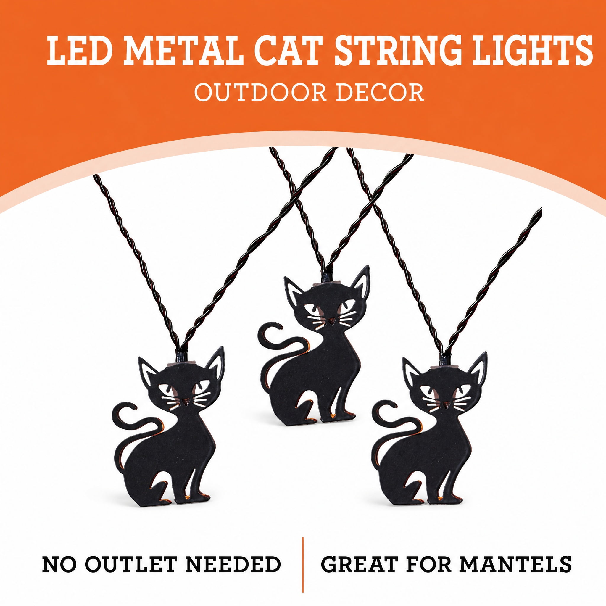 Indoor Battery-Operated LED Metal Cat String Lights, Orange, 4.5', Halloween by Way To Celebrate