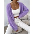 thumbnail image 6 of Women'S Cropped Loose Plush Long Sleeve Open Front Knitted Cardigan Purple L, 6 of 8