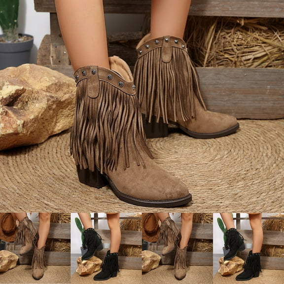 Women's Western Style Ankle Boots with Tassels and Metal Accents, Comfortable Thick Heel for Fall and Winter Fashion, Versatile Casual Wear