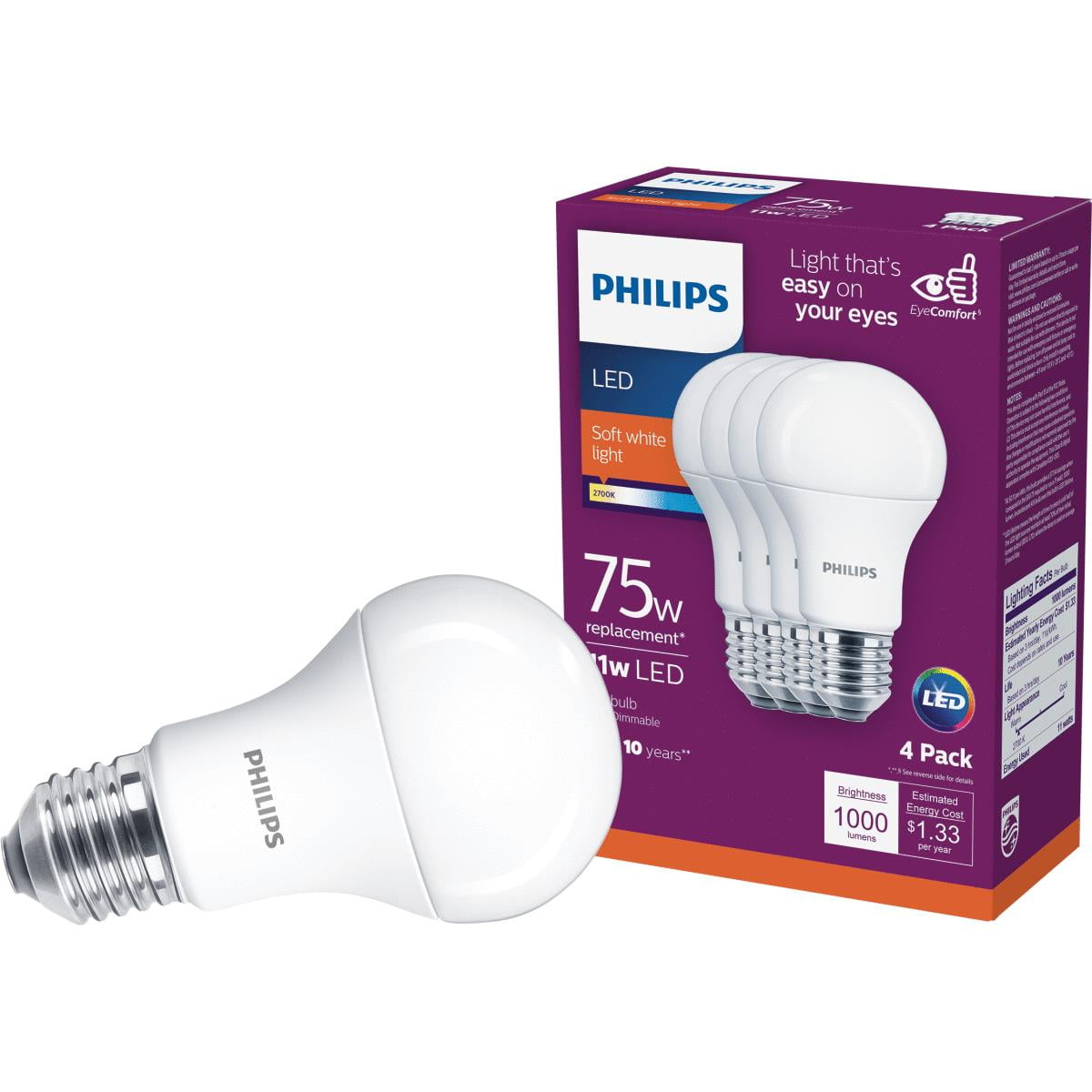 Philips 542944 A19 LED Light Bulb, Soft White, 2700K
